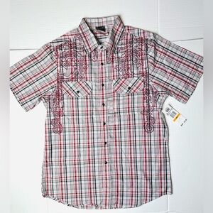 Irreverent Pearl Snap Shirt Mens S Red Black Rockabilly Western‎ Plaid Cowboy
